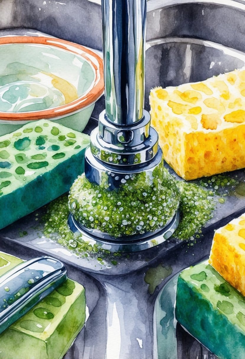 A sink faucet handle covered in bacteria, surrounded by dirty kitchen sponges and other items