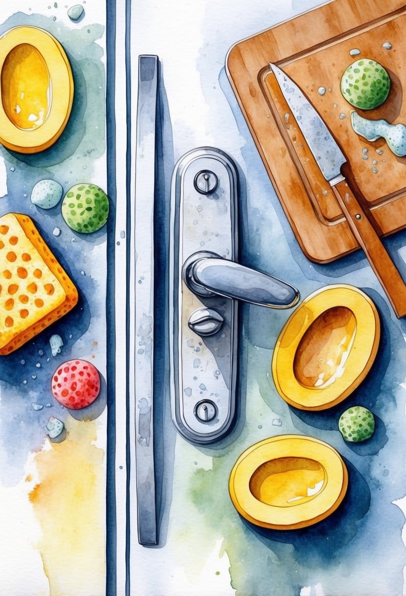 A grimy refrigerator door handle surrounded by dirty kitchen sponges, cutting boards, and other bacteria-laden items