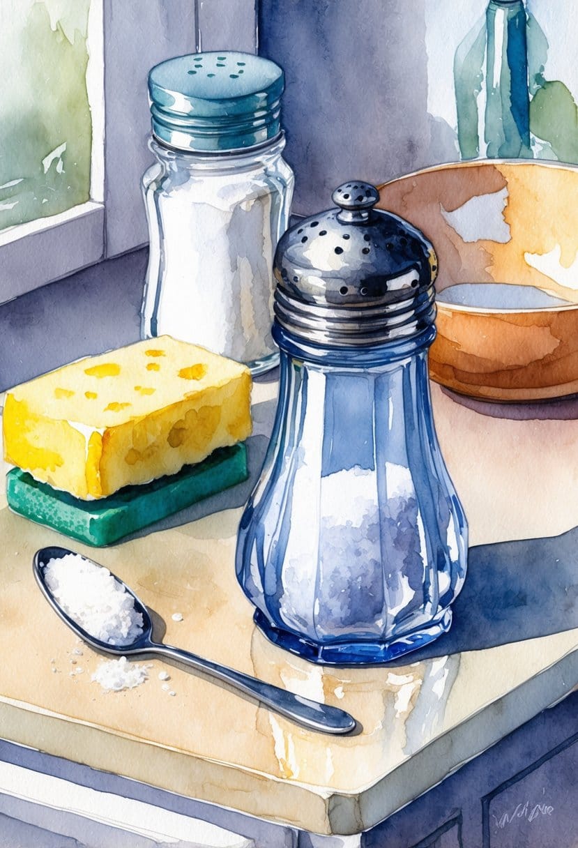 A salt shaker sits on a kitchen counter next to a dirty sponge and other bacteria-harboring items
