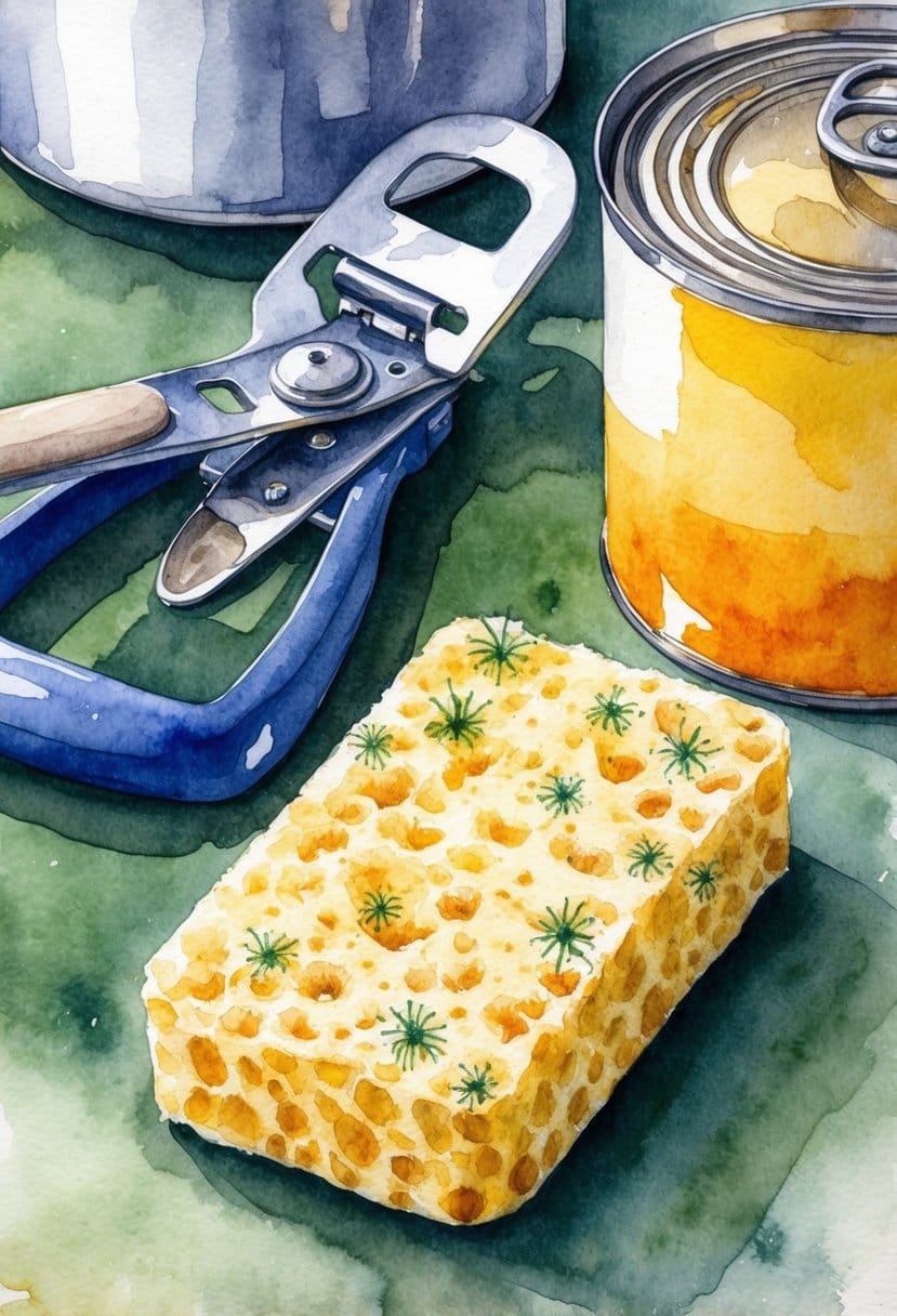 A kitchen sponge covered in bacteria, sitting next to a can opener and other dirty kitchen items
