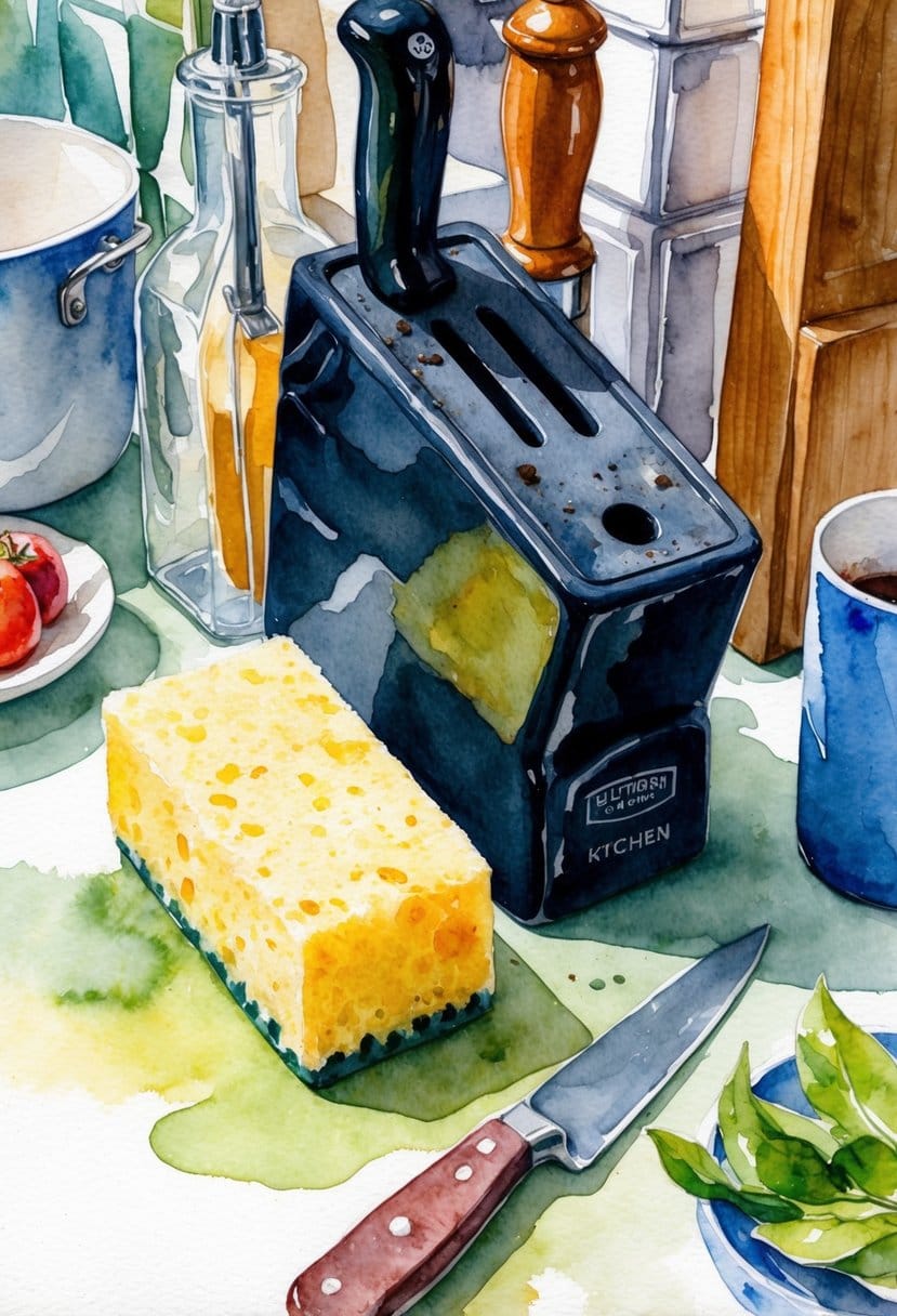 A dirty kitchen sponge lies next to a knife block, surrounded by various kitchen items