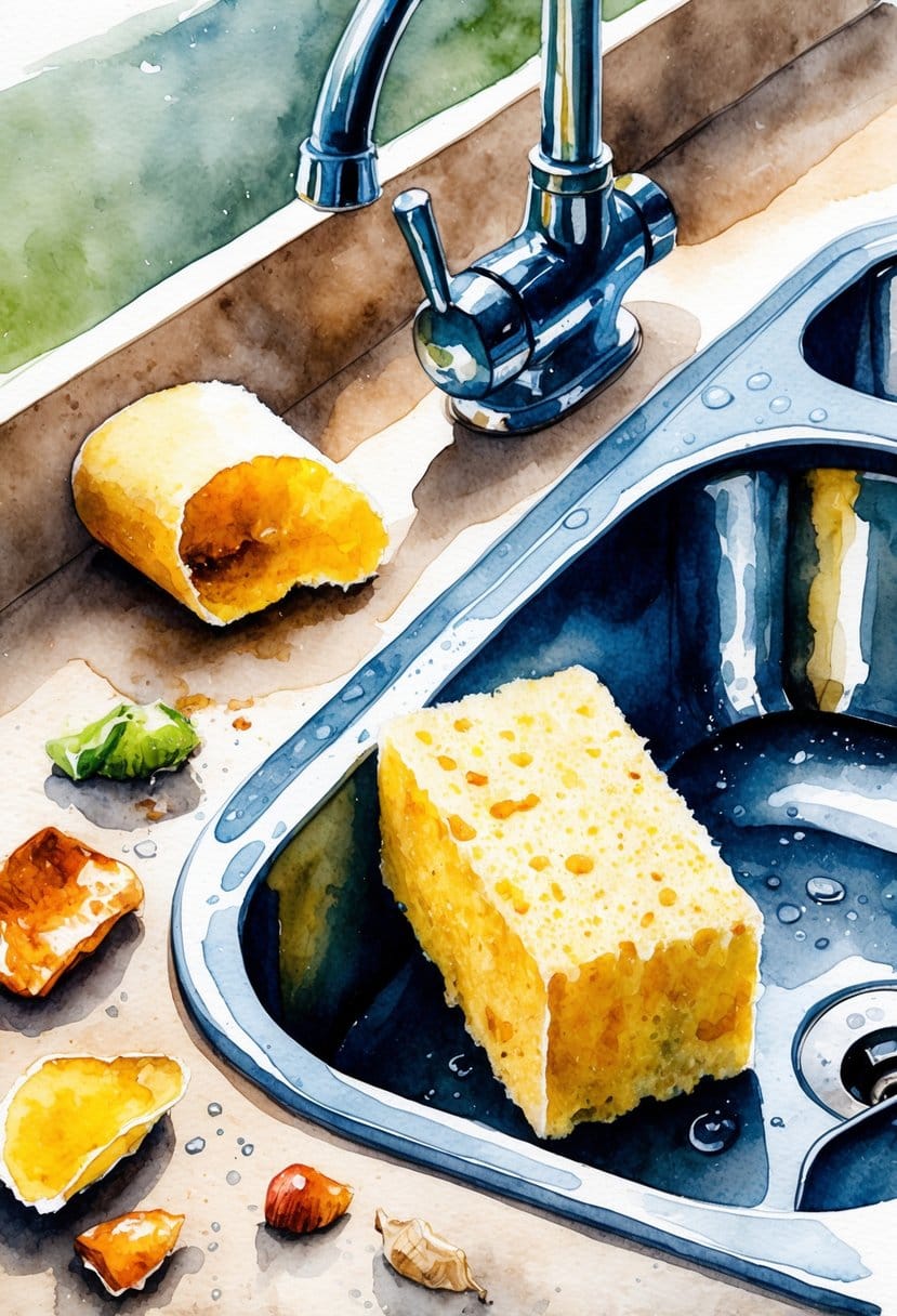 A dirty kitchen sponge sitting on a countertop next to a sink, surrounded by food scraps and water droplets