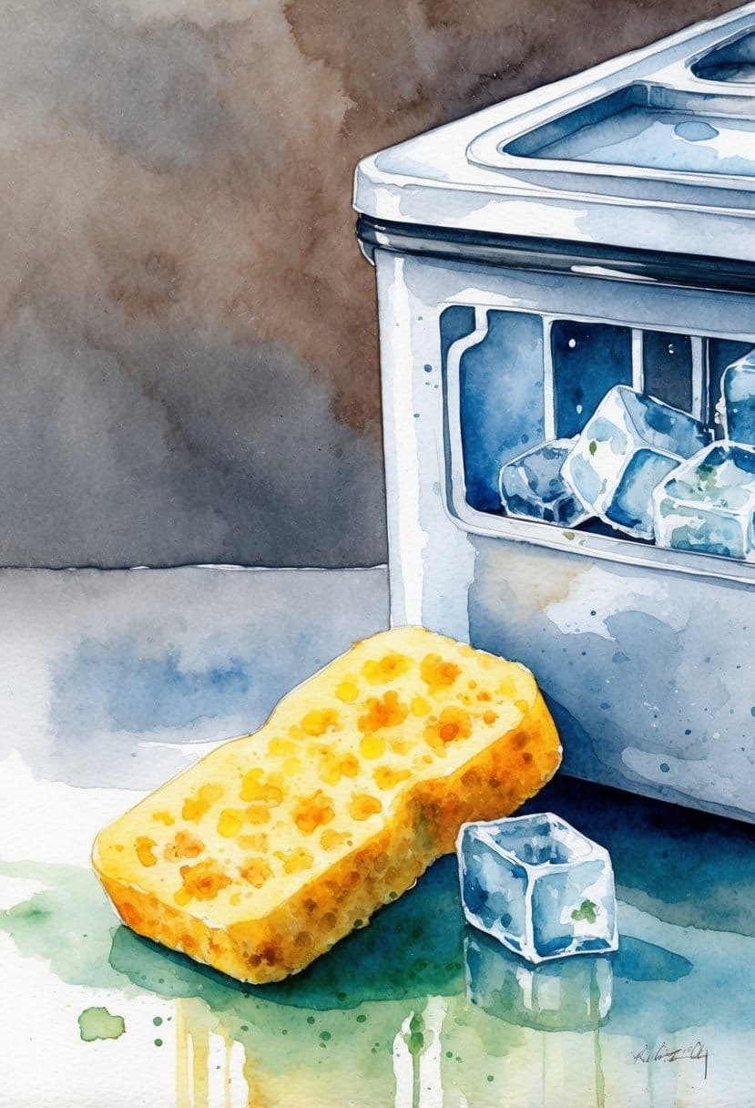 A dirty kitchen sponge sits next to an ice maker, covered in bacteria and grime