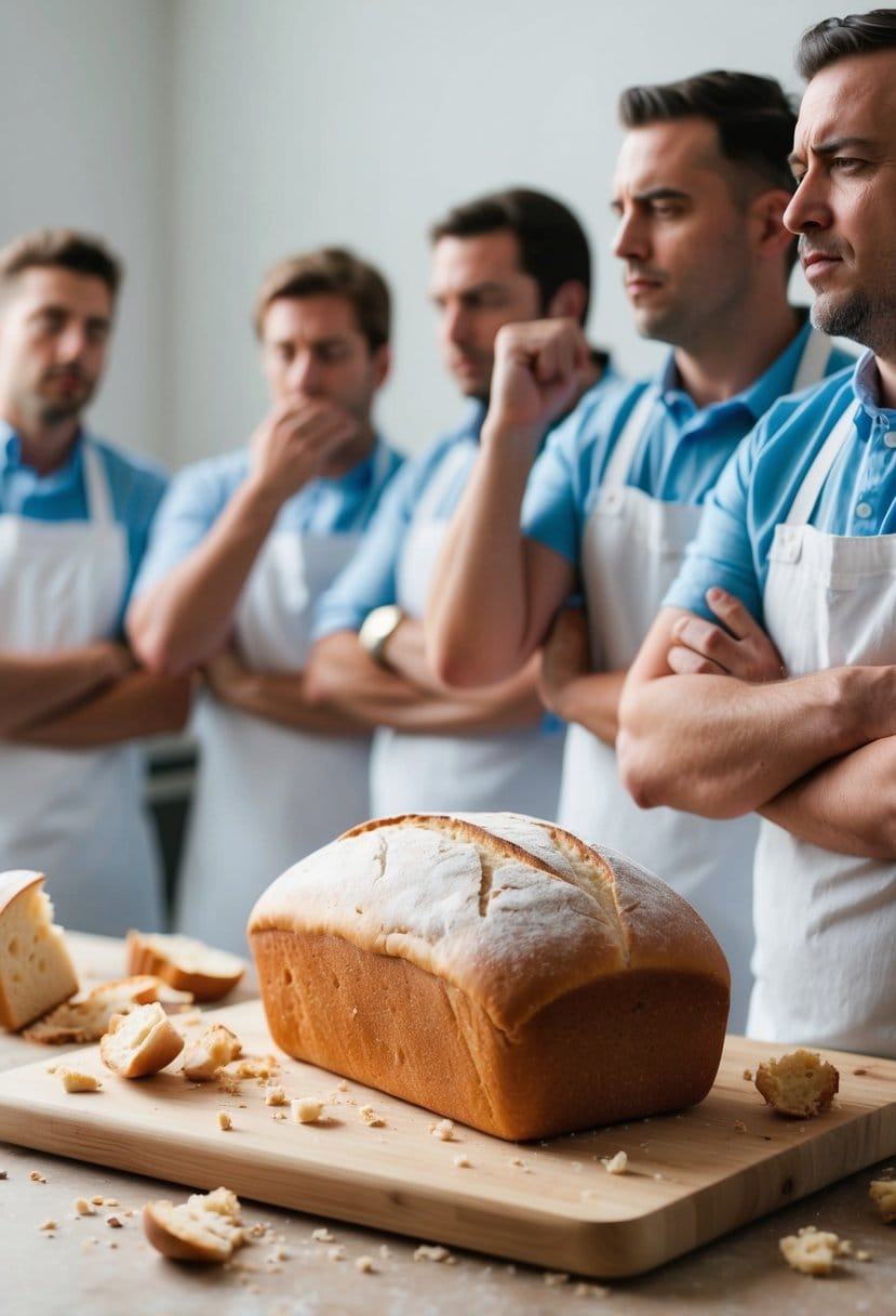 A loaf of white bread sits on a cutting board, surrounded by discarded crusts and crumbs. A group of bakers shake their heads in disapproval