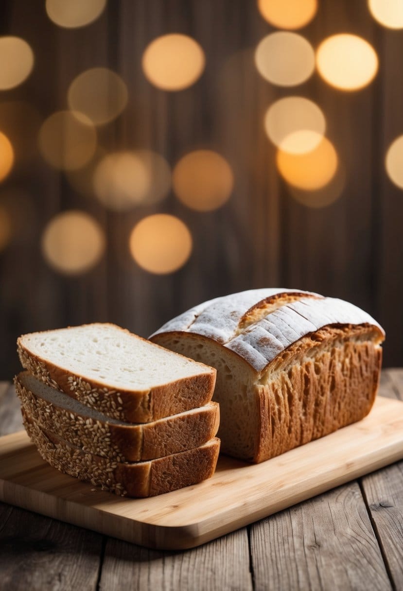 A loaf of white bread sits untouched, while whole grain and multigrain loaves are stacked neatly beside it on a wooden cutting board