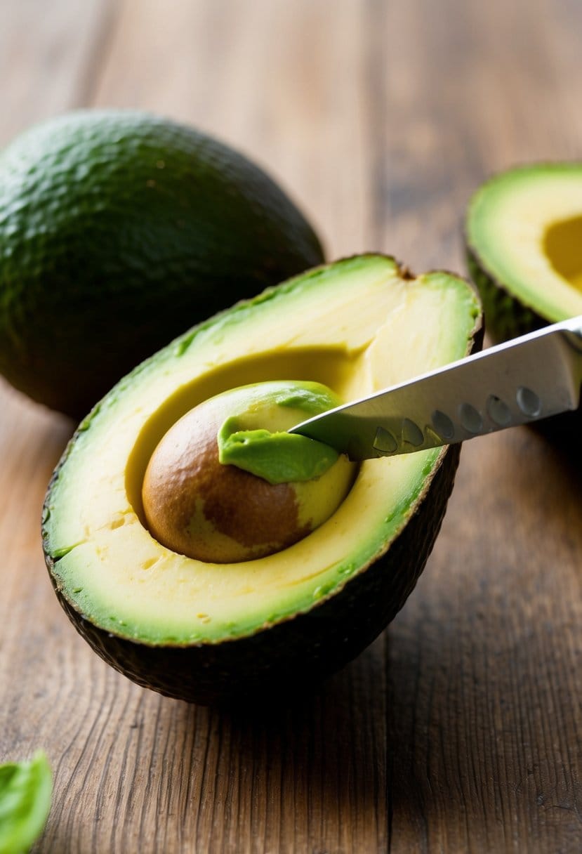A ripe avocado being sliced open with a knife, revealing a vibrant green interior with a creamy texture