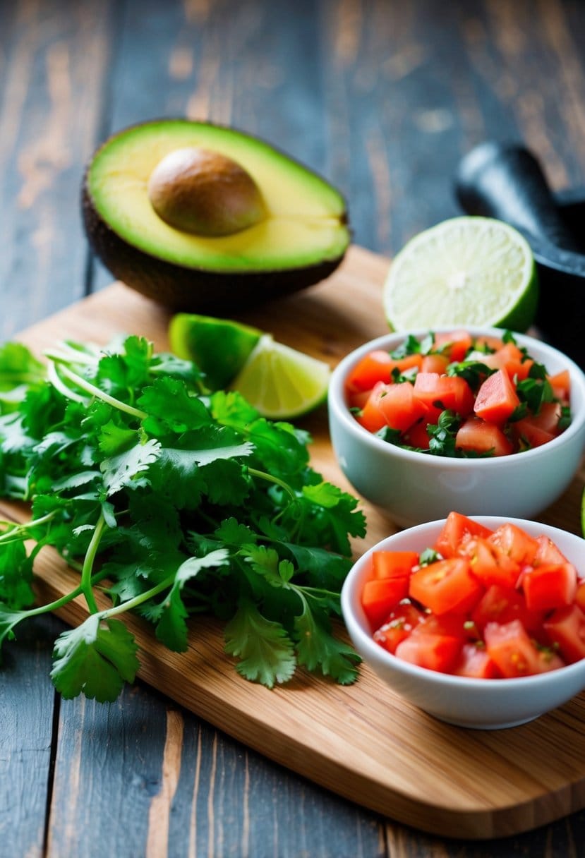 A ripe avocado, a pile of fresh cilantro, a halved lime, and a small bowl of diced tomatoes sit on a wooden cutting board. A mortar and pestle sits nearby