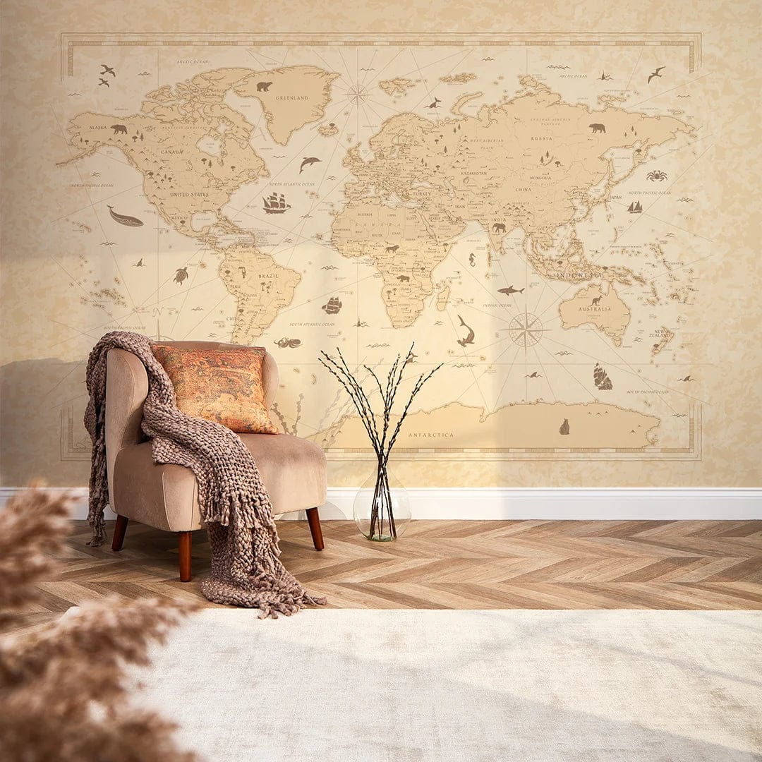 Bedroom wall with vintage map mural