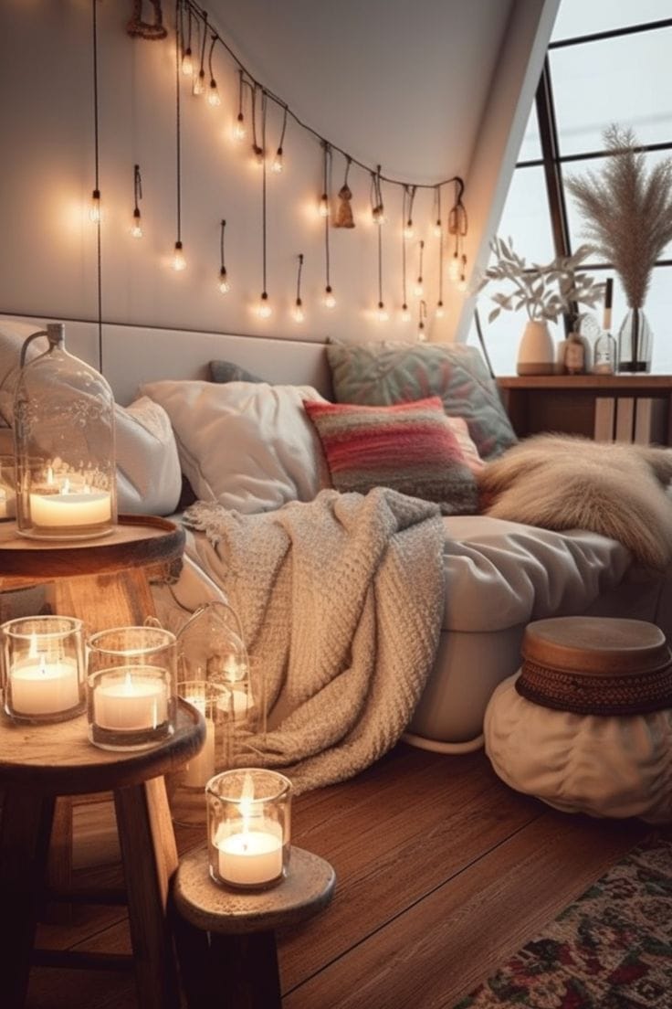 Cozy bedroom with candlelight corner