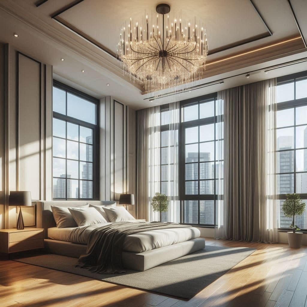 Large bedroom with gallery lighting