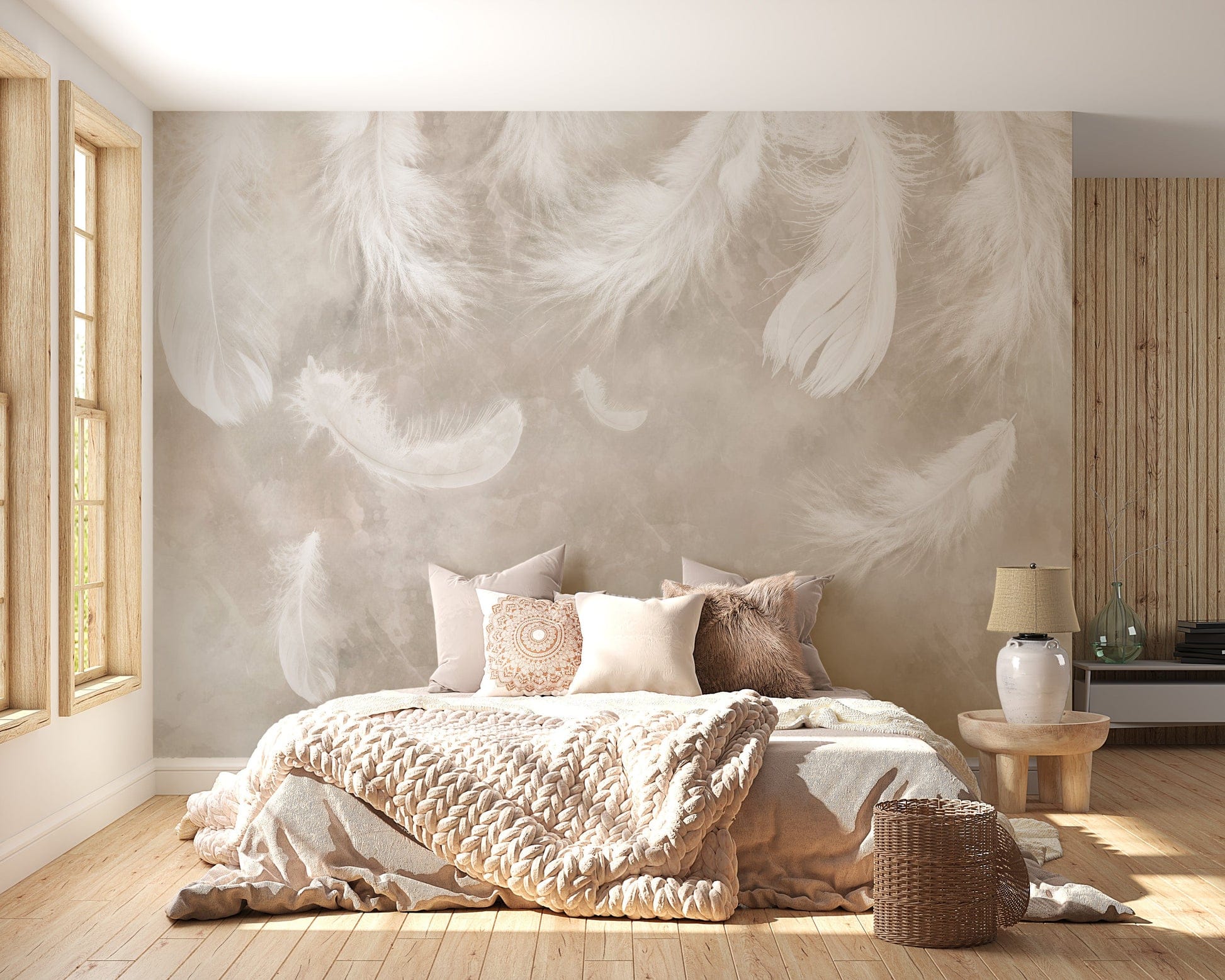 Bedroom wall with feather installation