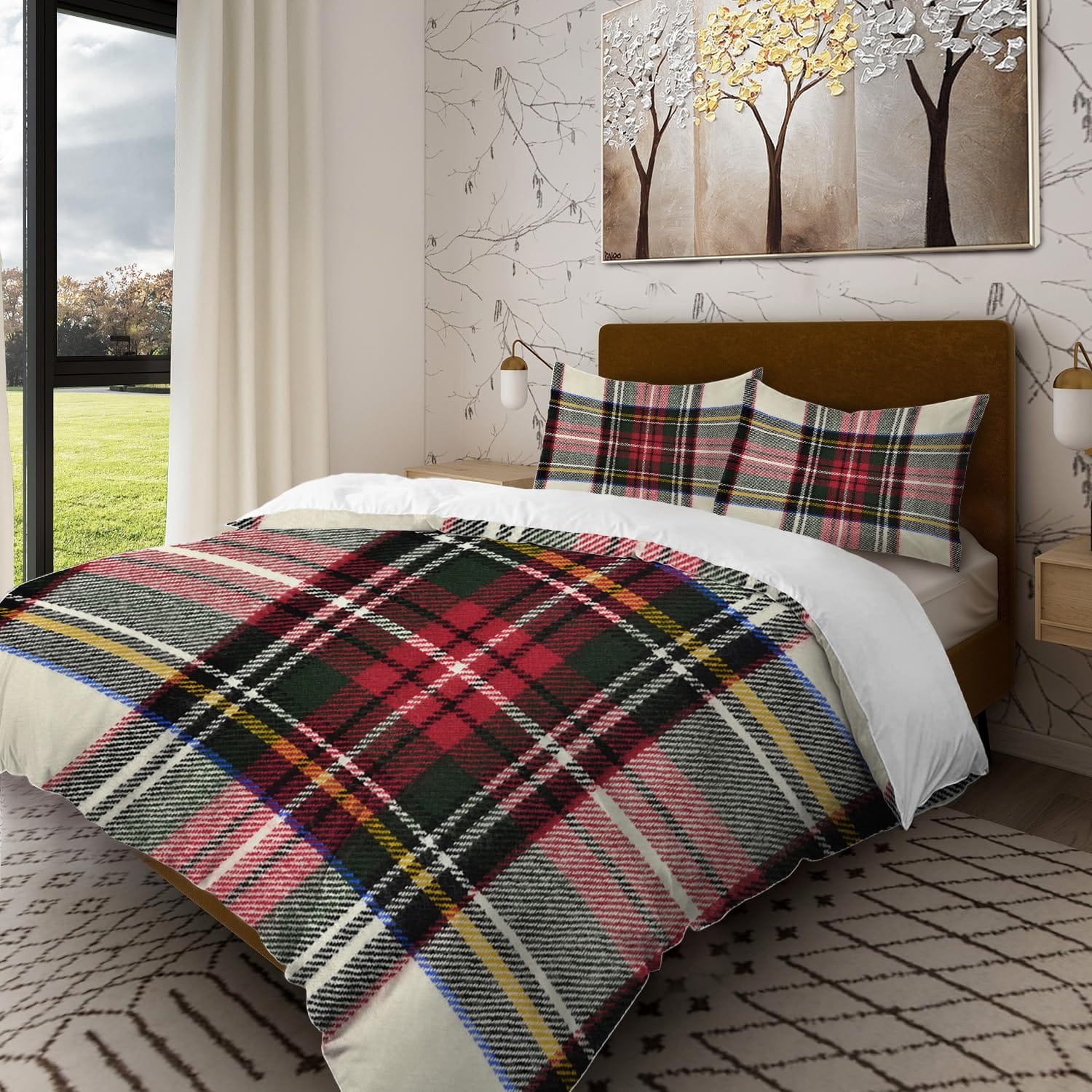 Bedroom bedding with plaid pattern