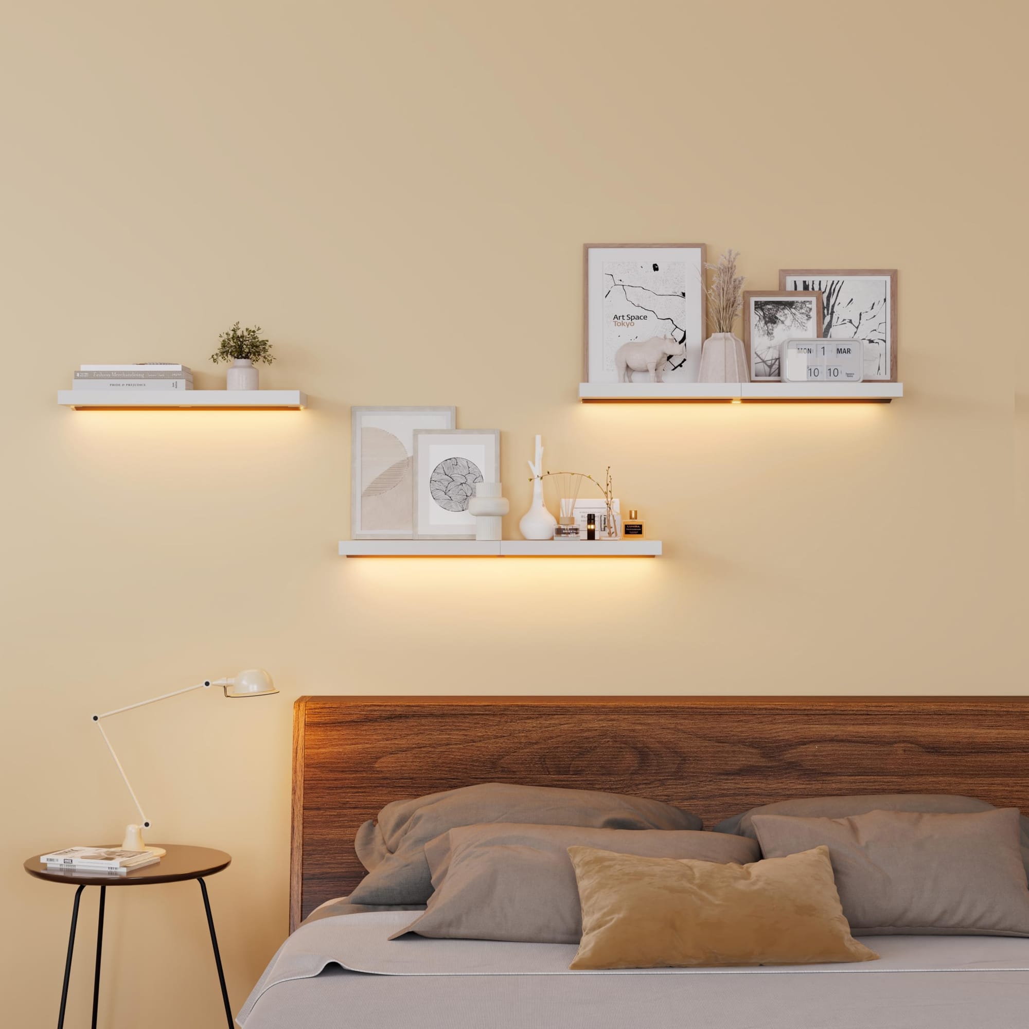 Bedroom lighting with floating shelf lights