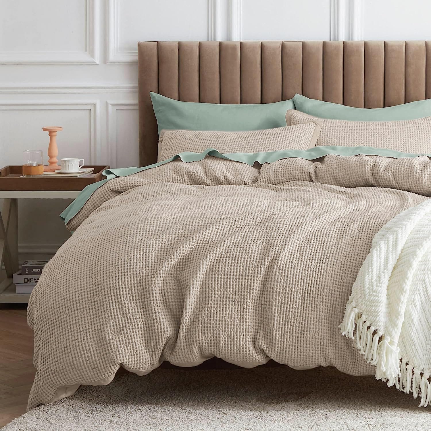 Bedroom bedding with waffle texture