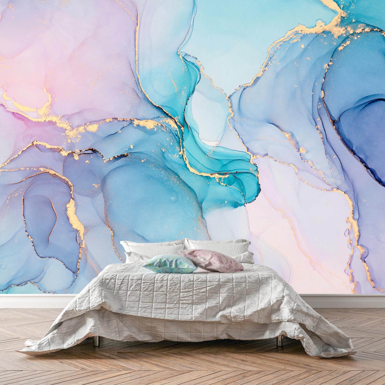 Bedroom wall with abstract mural art