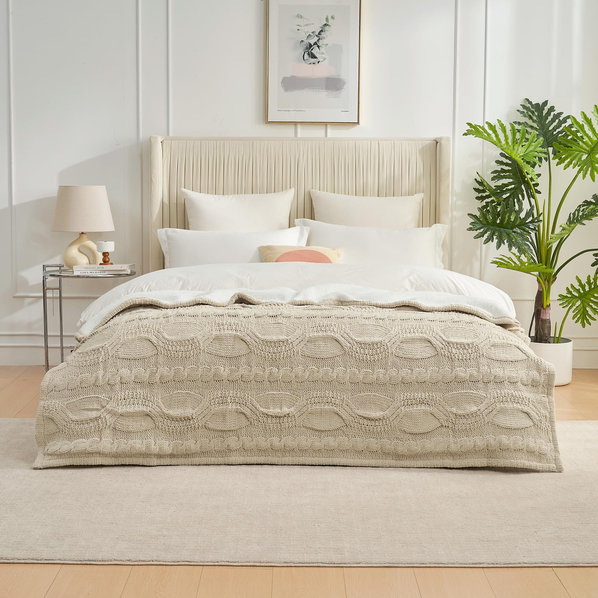 Cozy bedroom with cable knit throw