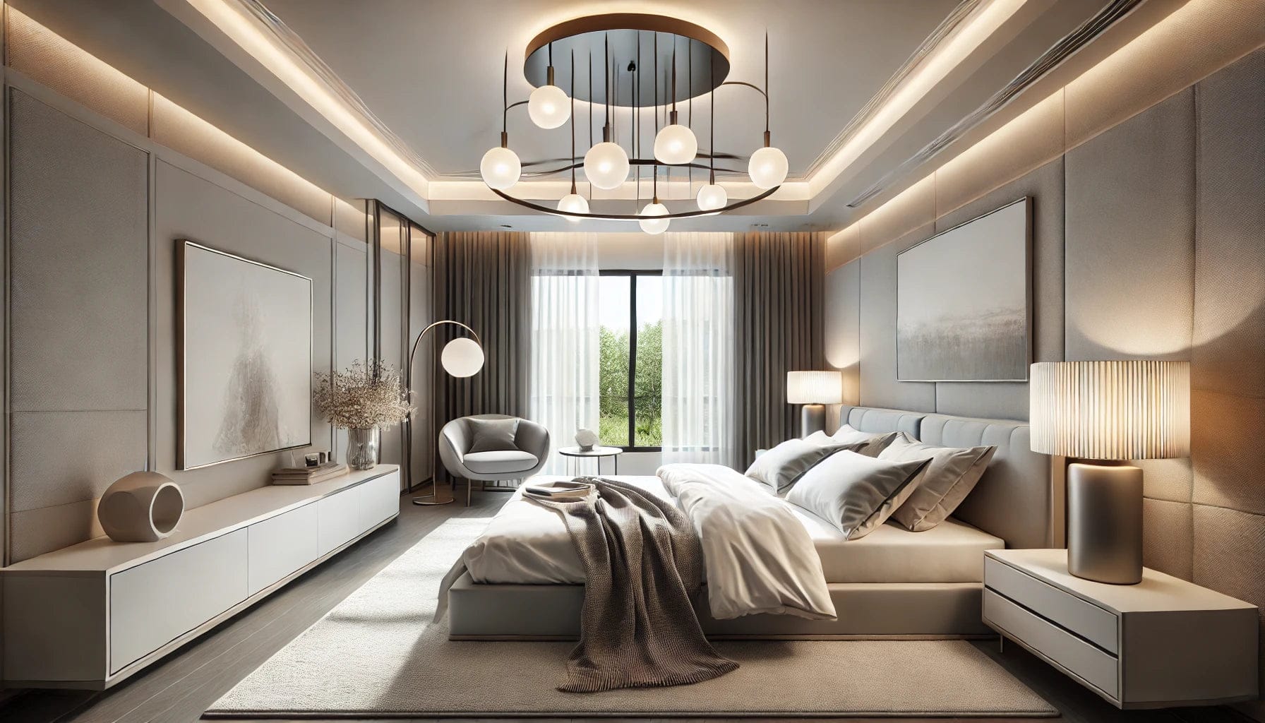 Large bedroom with chandelier feature