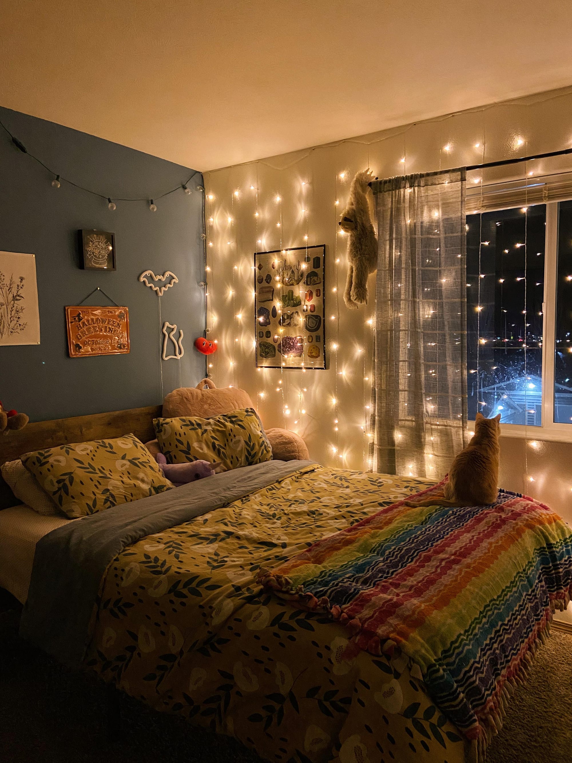 Cozy bedroom with string light wall