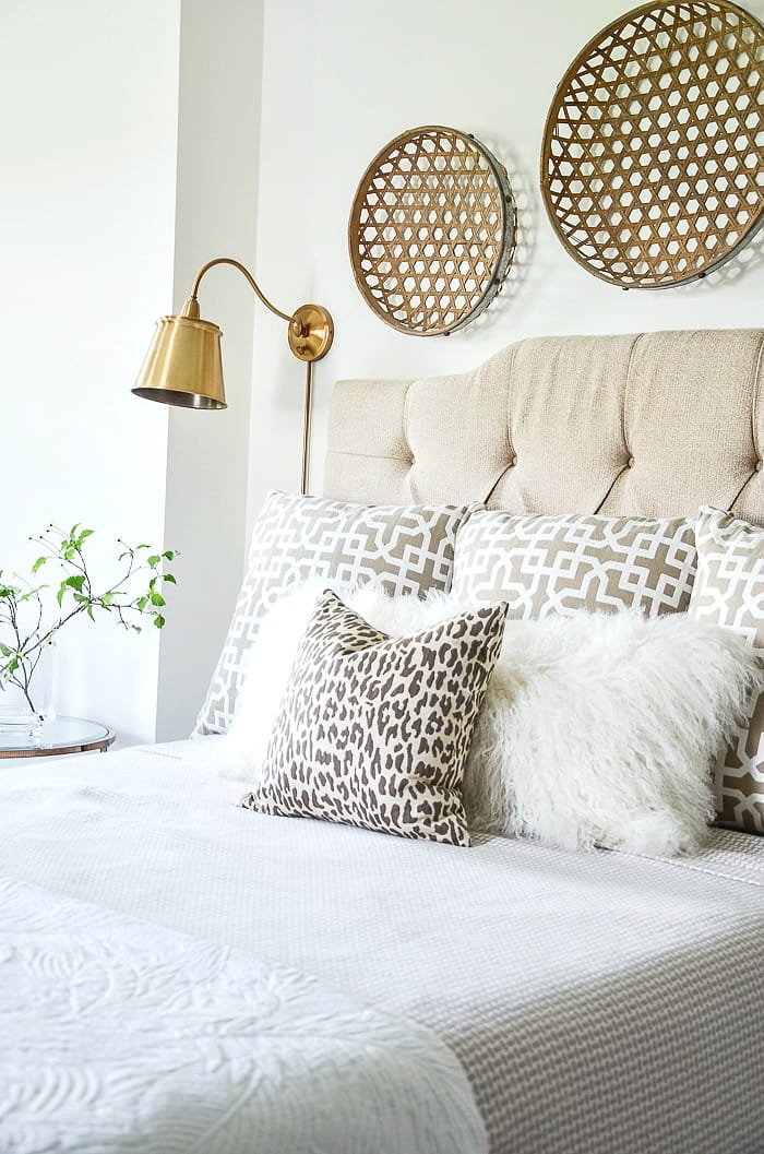 Bedroom bedding with throw pillow layout
