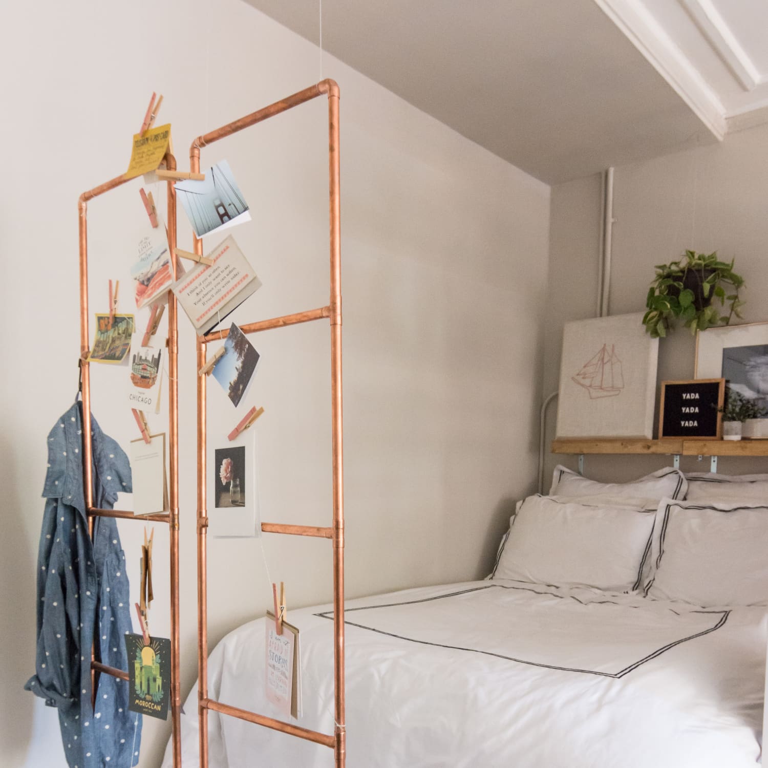 Bedroom wall with copper pipe grid