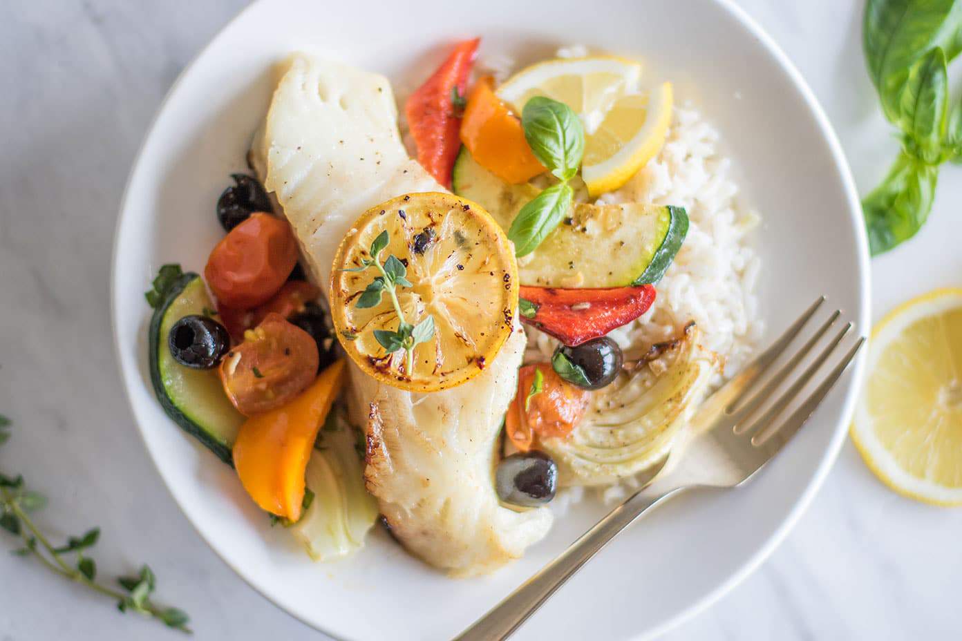 Baked Cod with Roasted Mediterranean Vegetables