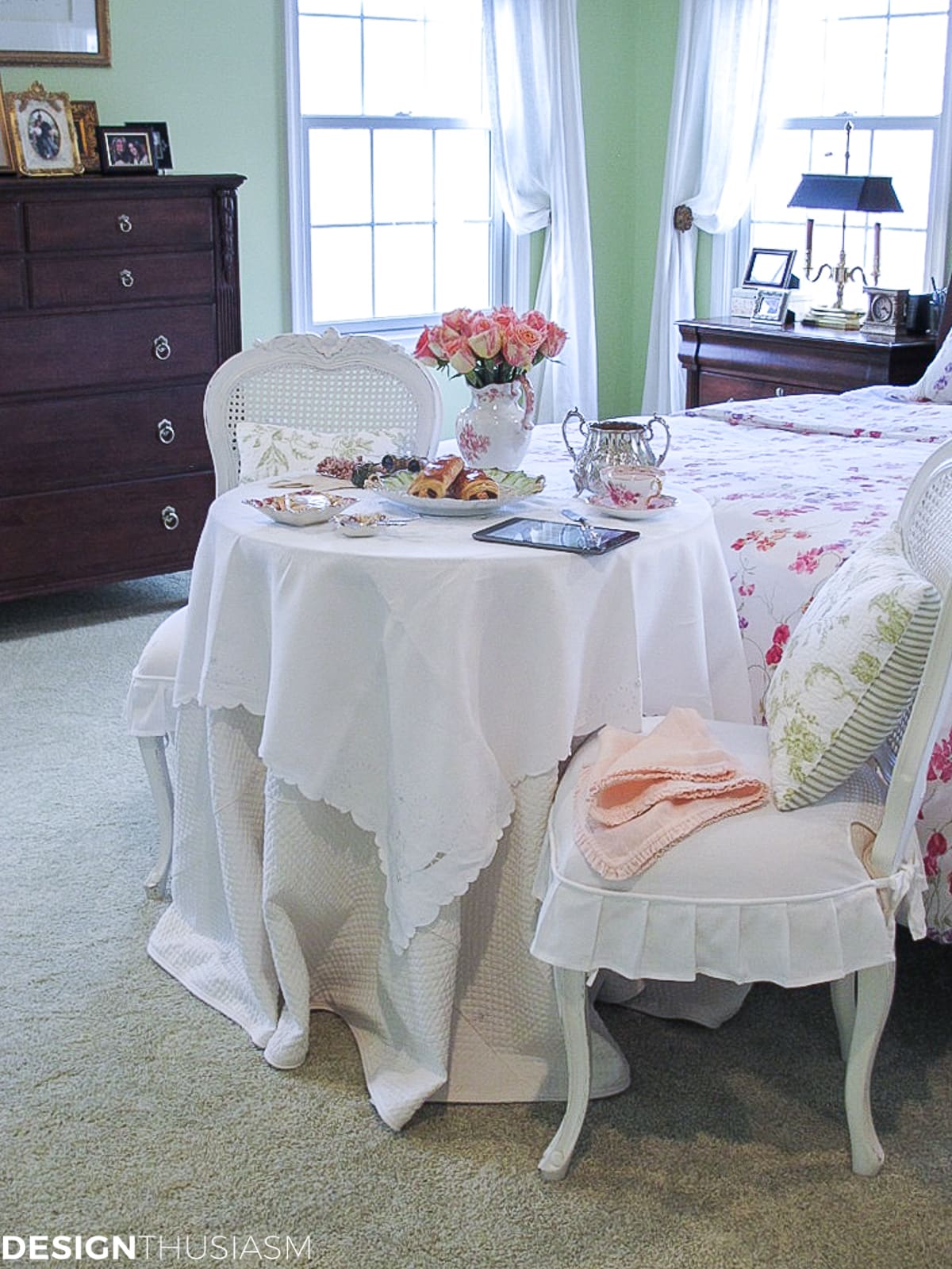 Large bedroom with breakfast table setup