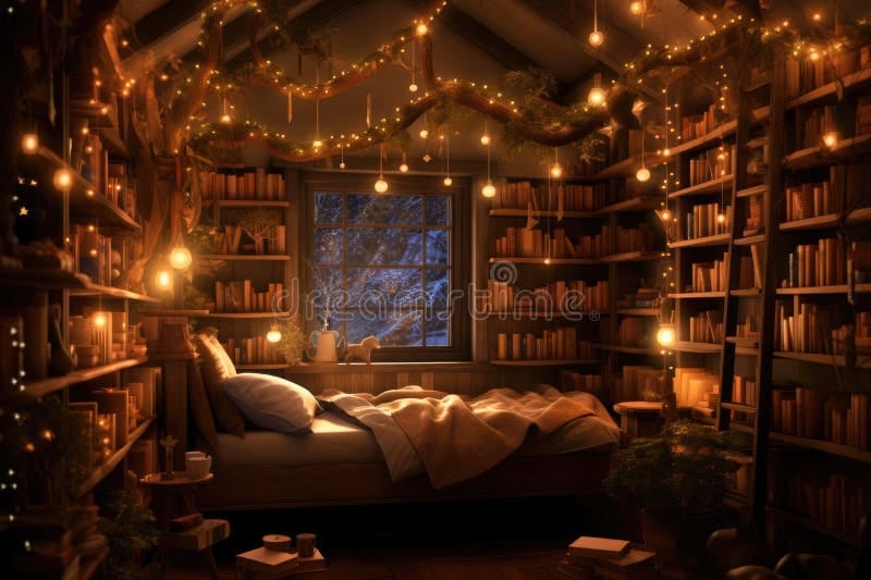 Cozy bedroom with bookshelf lighting