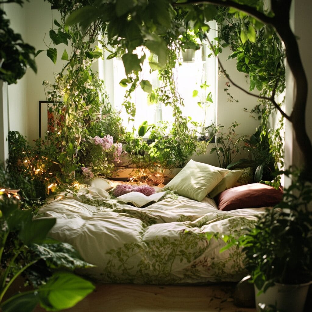 Large bedroom with indoor plant garden