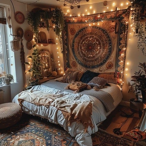 Cozy bedroom with tapestry wall