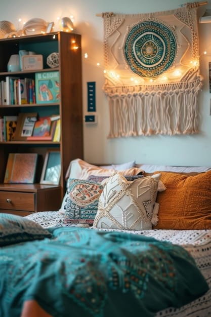Cozy bedroom with textile wall art