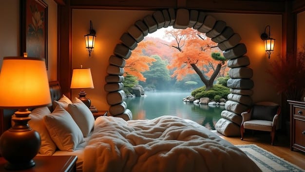 Cozy bedroom with vintage lamp glow