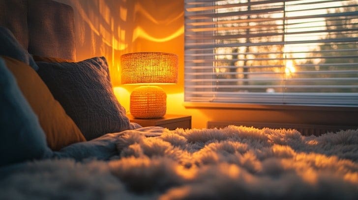 Cozy bedroom with reading lamp glow