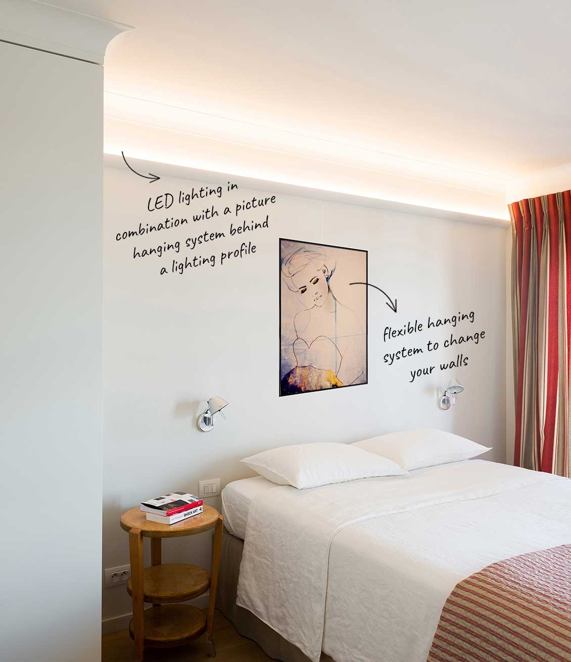 Bedroom lighting with picture light rail