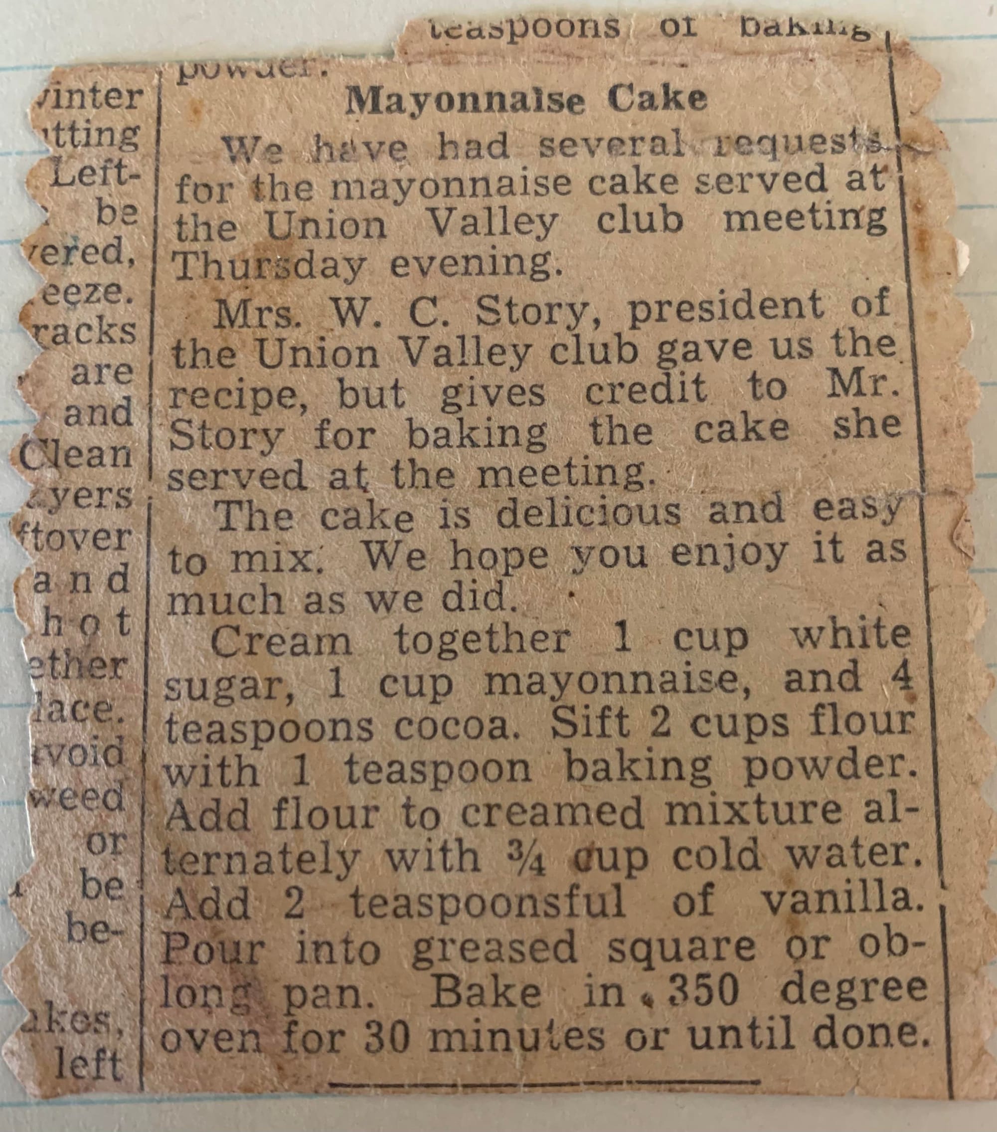 Depression Era Mayonnaise Cake