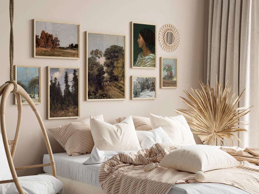 Bedroom wall with vintage poster gallery