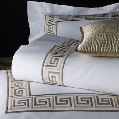 Bedroom bedding with greek key trim