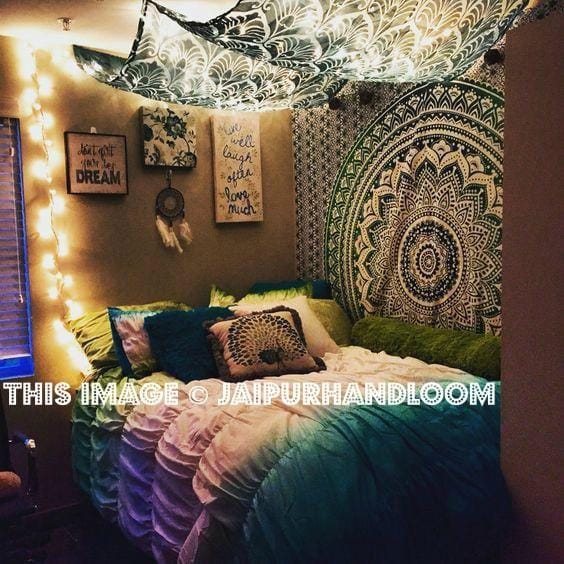 Bedroom wall with tapestry hanging