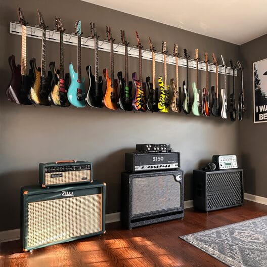 Bedroom wall with guitar display