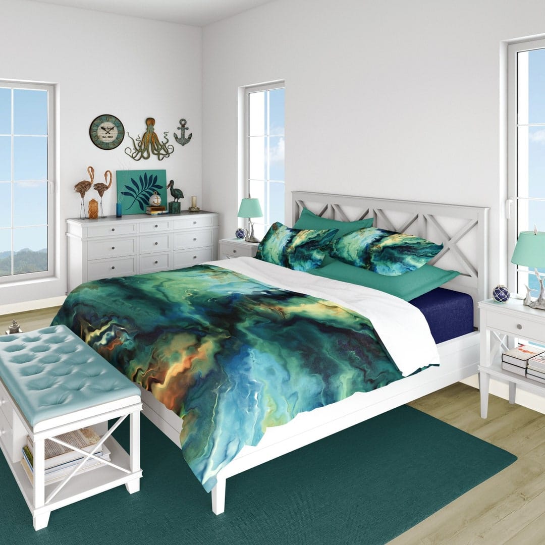 Bedroom bedding with abstract print