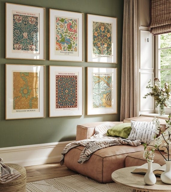 Bedroom wall with vintage textile art