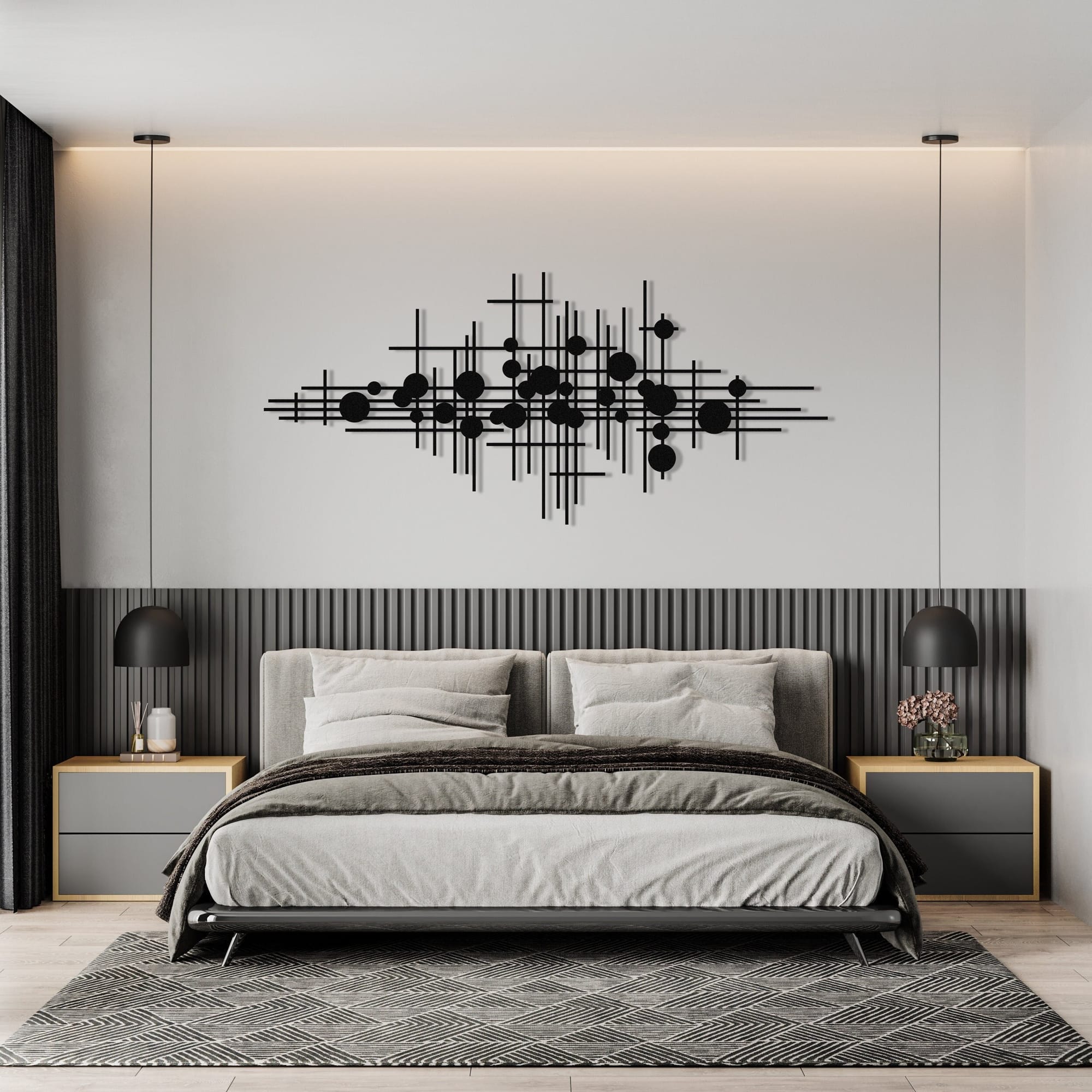 Bedroom wall with metal wall sculpture