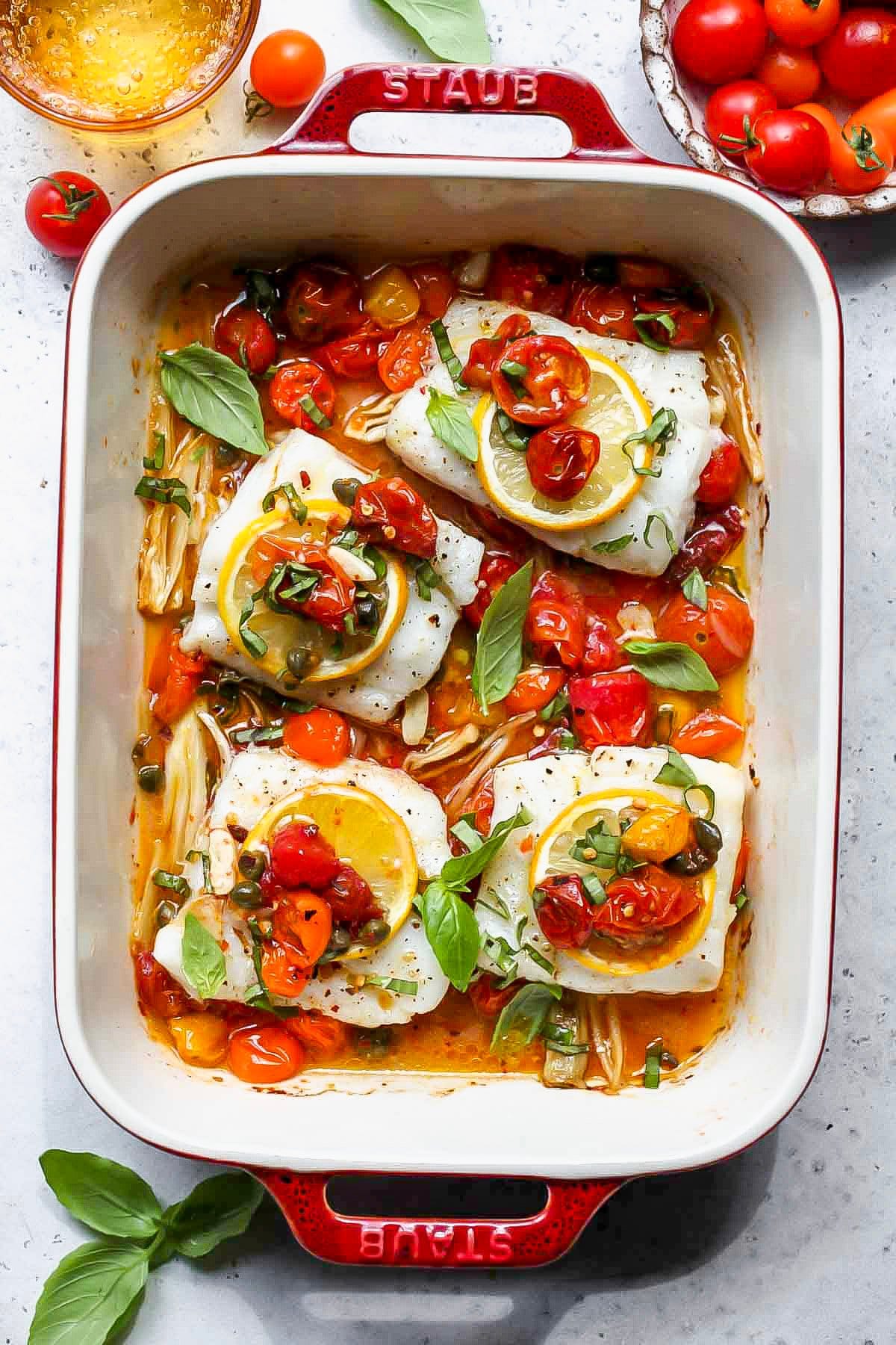 Baked Cod with Mediterranean Tomato Sauce Recipe