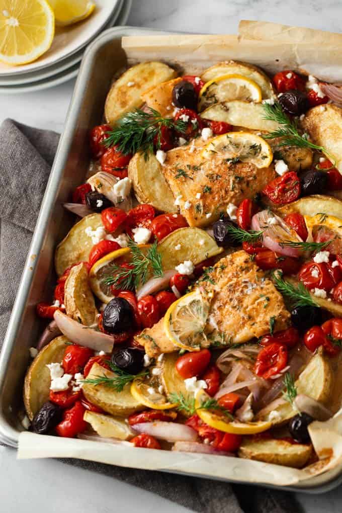 Sheet Pan Greek-Style Fish with Tomatoes and Olives