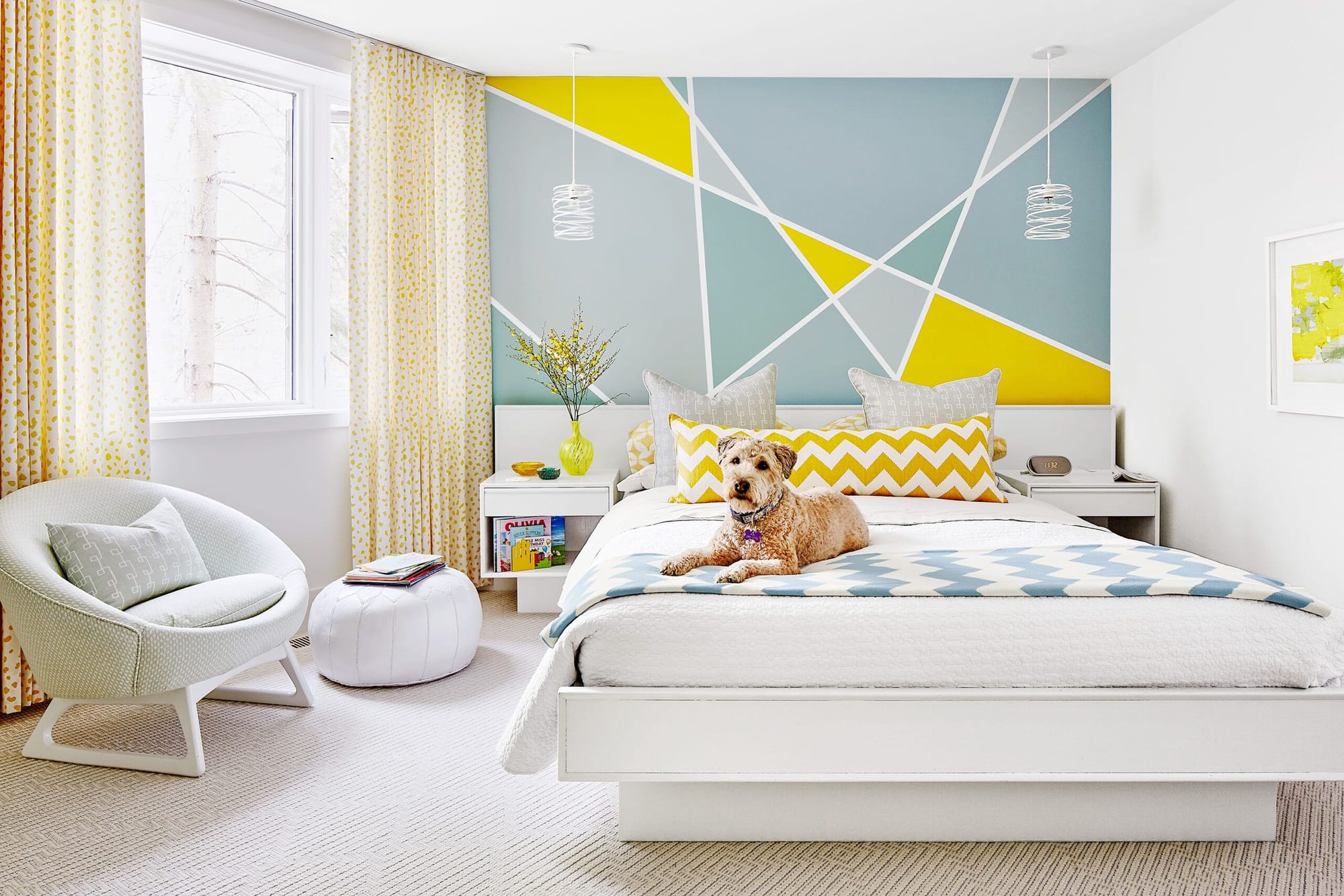Bedroom wall with geometric paint design