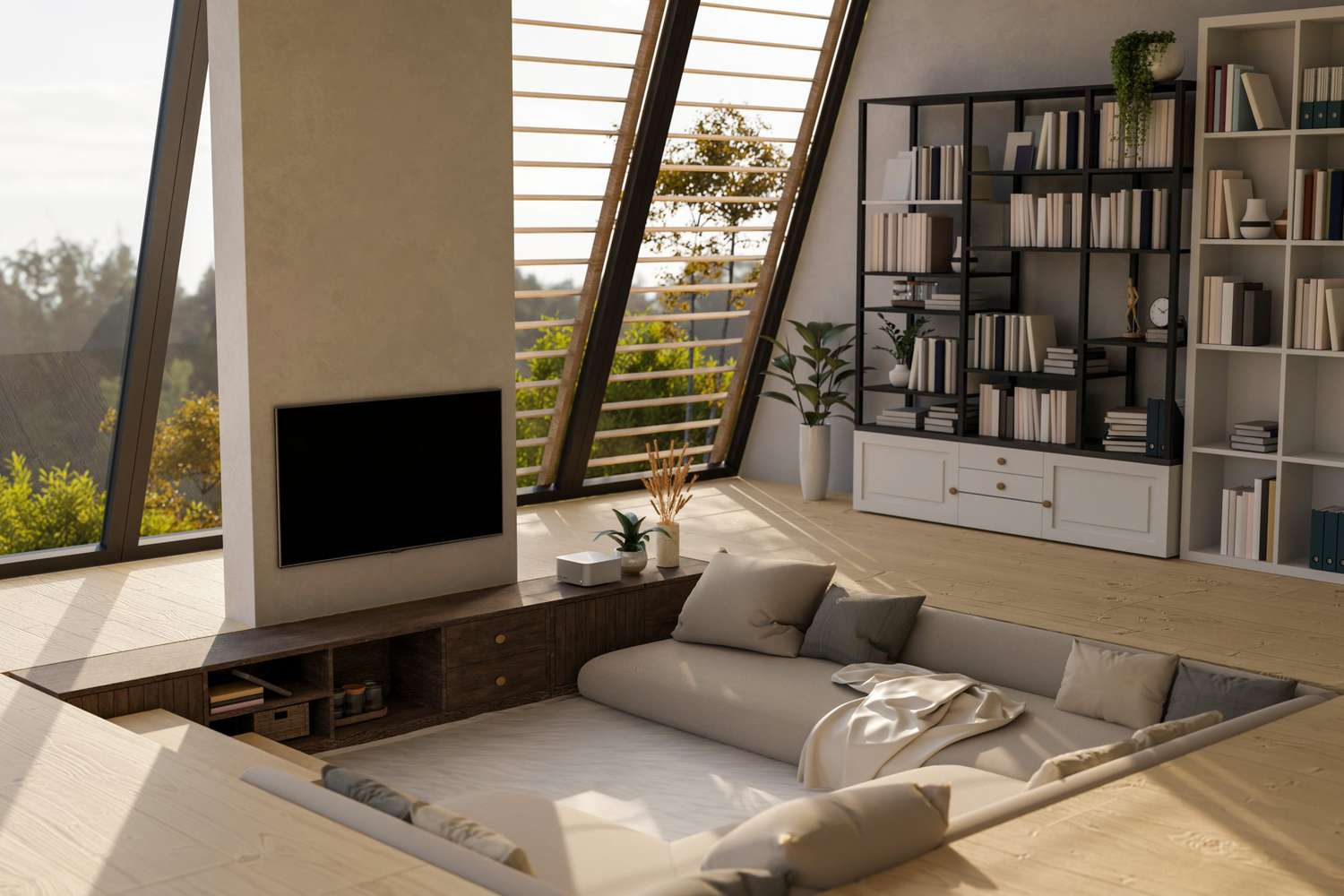 Large bedroom with conversation pit lounge