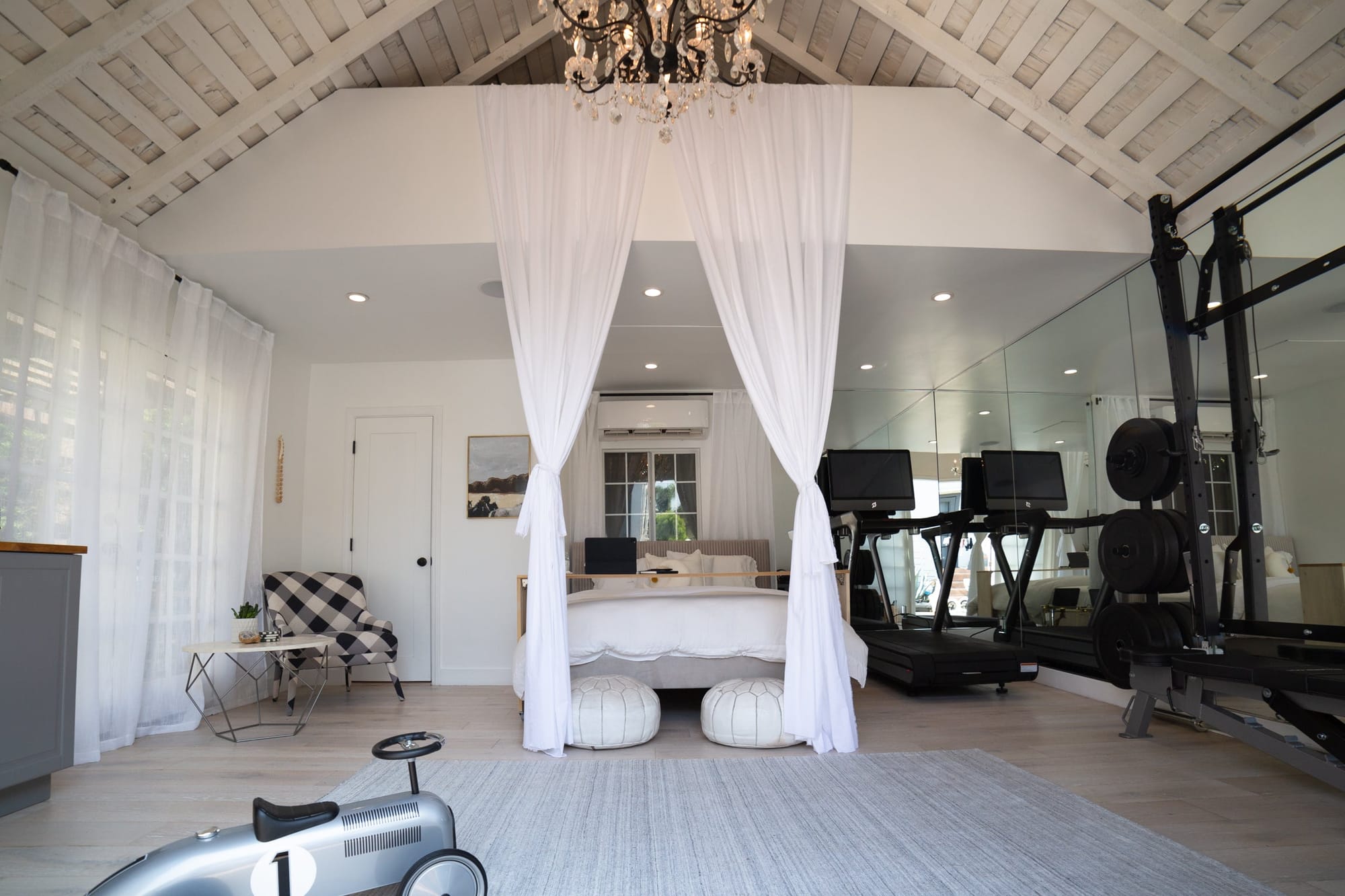 Large bedroom with workout space area