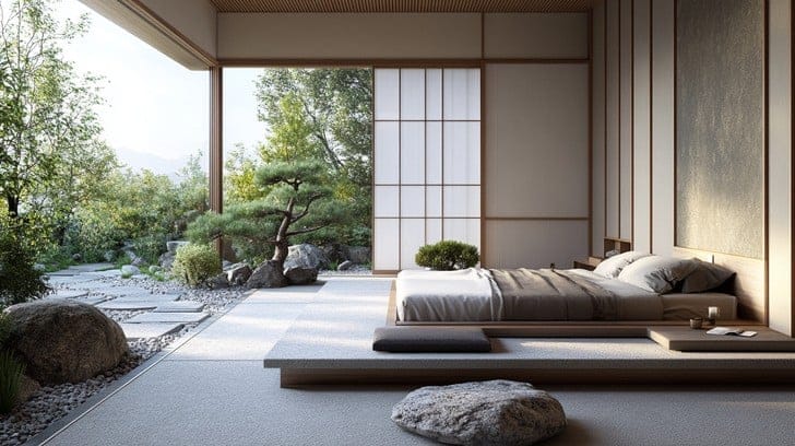 Large bedroom with zen garden view