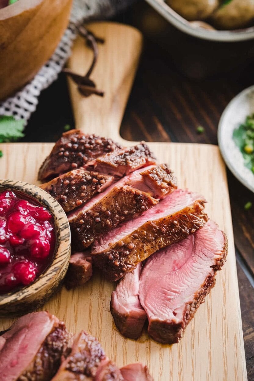 Pan Seared Duck Breast with Cranberry Maple Sauce