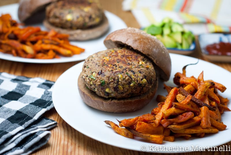 One-Pan Black Bean Burgers and Sweet Potato Wedges Recipe
