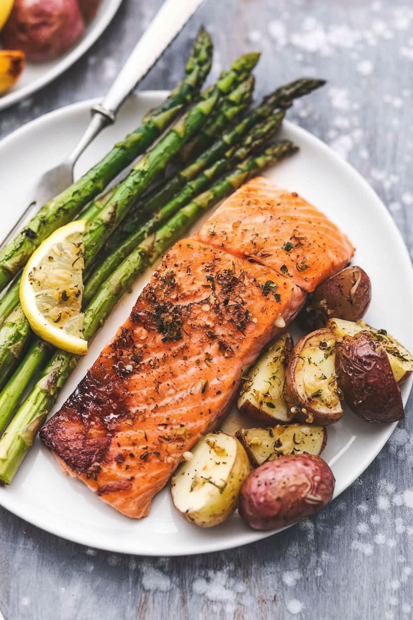 Garlic Butter-Roasted Salmon with Potatoes & Asparagus